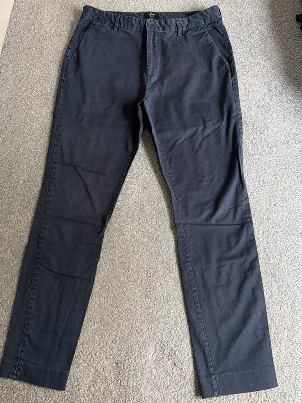 H&M Men's Dark Blue Flat Front Slim Fit Chinos Pants Zip Fly 34”x29”